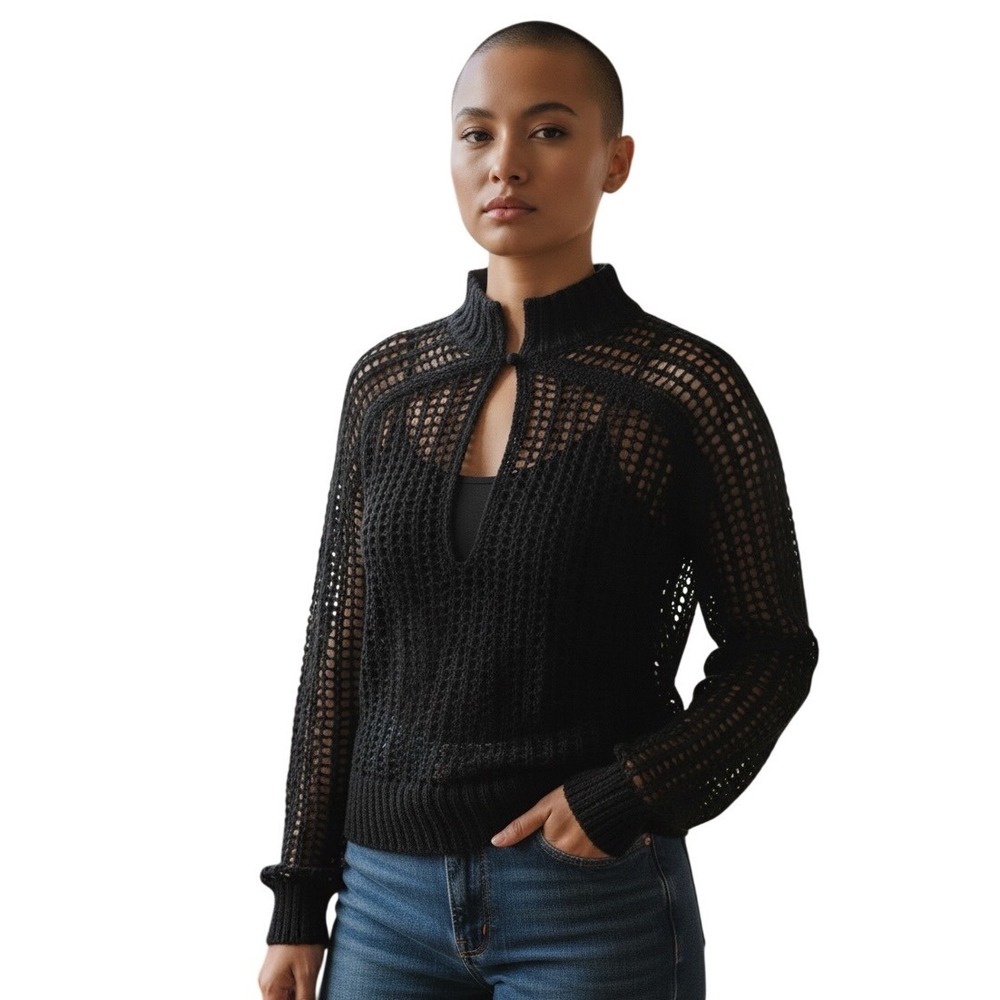 INHABIT Black Linen Mesh Knit Mock Neck Button Front Sweater Top Women‎ Size S